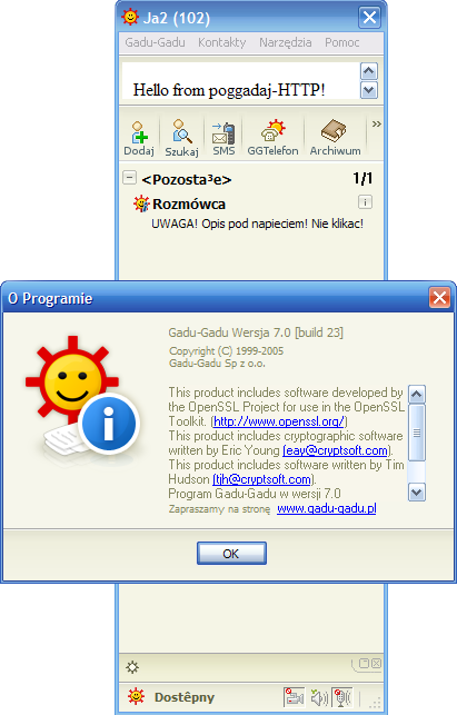 Screenshot of Gadu-Gadu 7.0 connected to poGGadaj