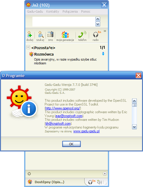 Screenshot of Gadu-Gadu 7.7 connected to poGGadaj